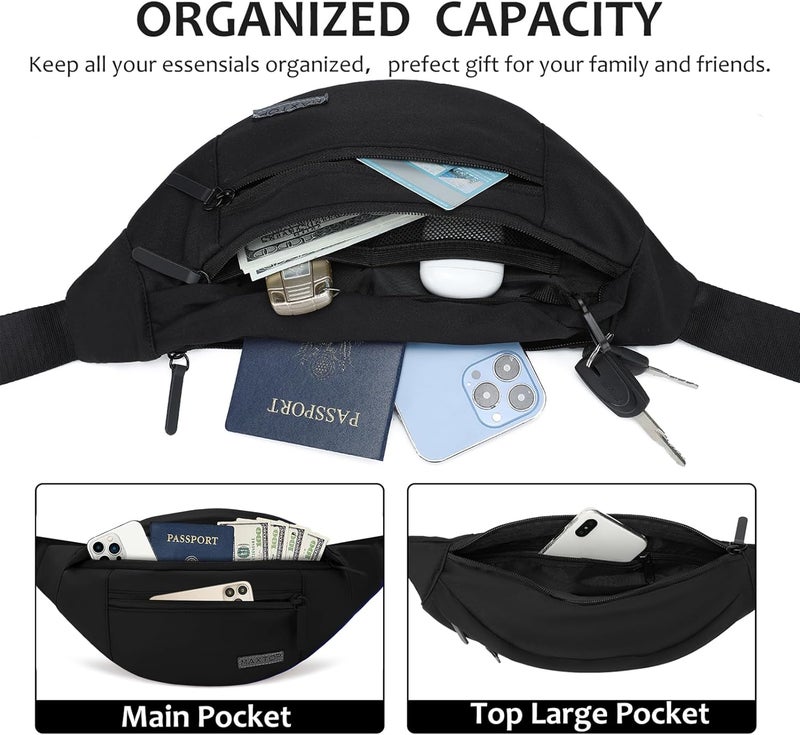 Maxtop Large Crossbody Fanny Pack Waist Pack with 4-Zipper Pockets Hiking Travel Essentials for Women Men Belt Bag, for Hiking Running Travel Cycling,Black - Image 3